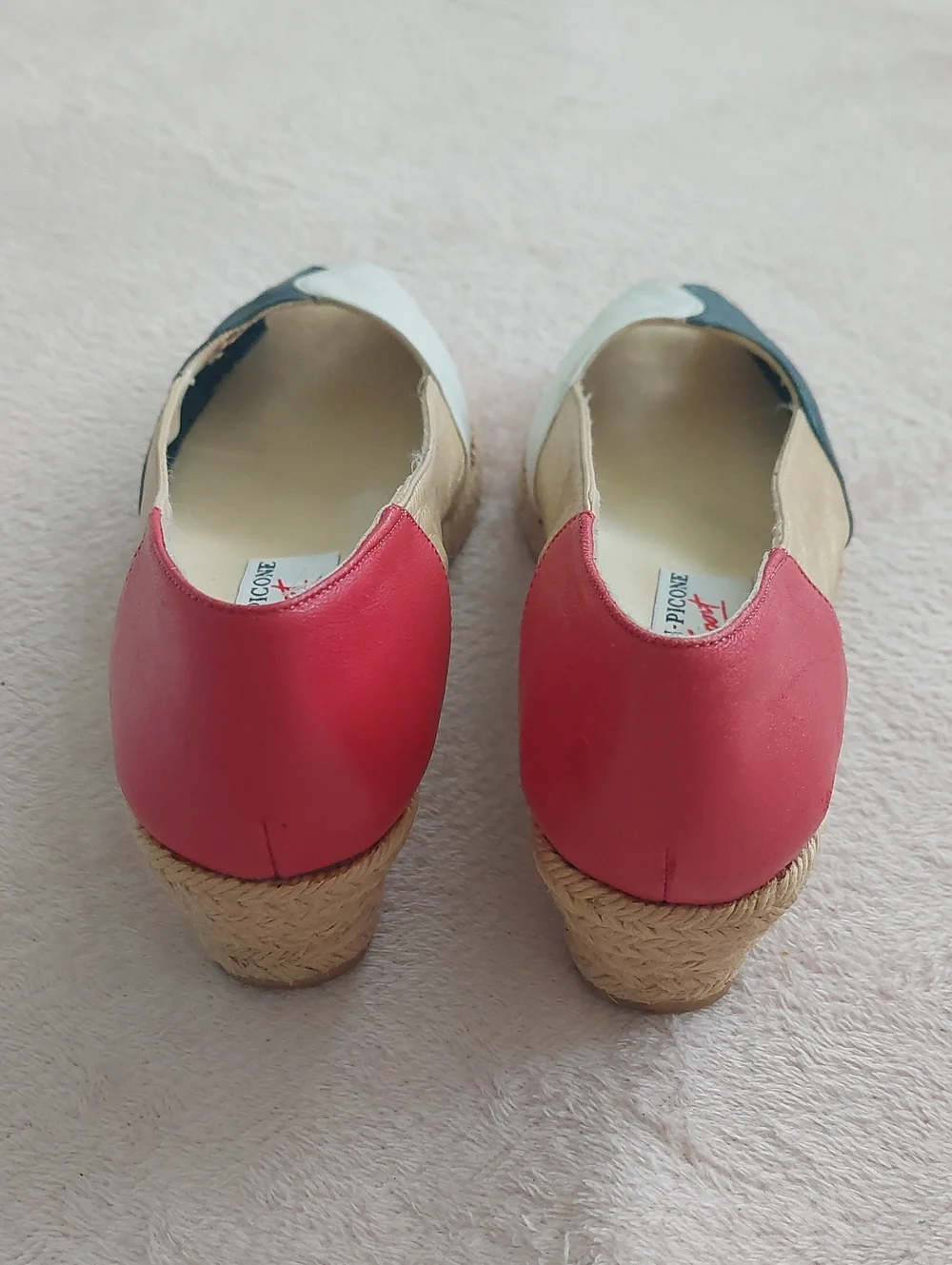 EVAN PICONE SPORT Peep-Toe Espadrille Wedges in Colors Navy, Gold, White & Red